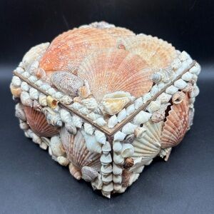 Vintage 1970s Shell Covered Trinket Jewelry Box Handmade Beach Coastal Decor